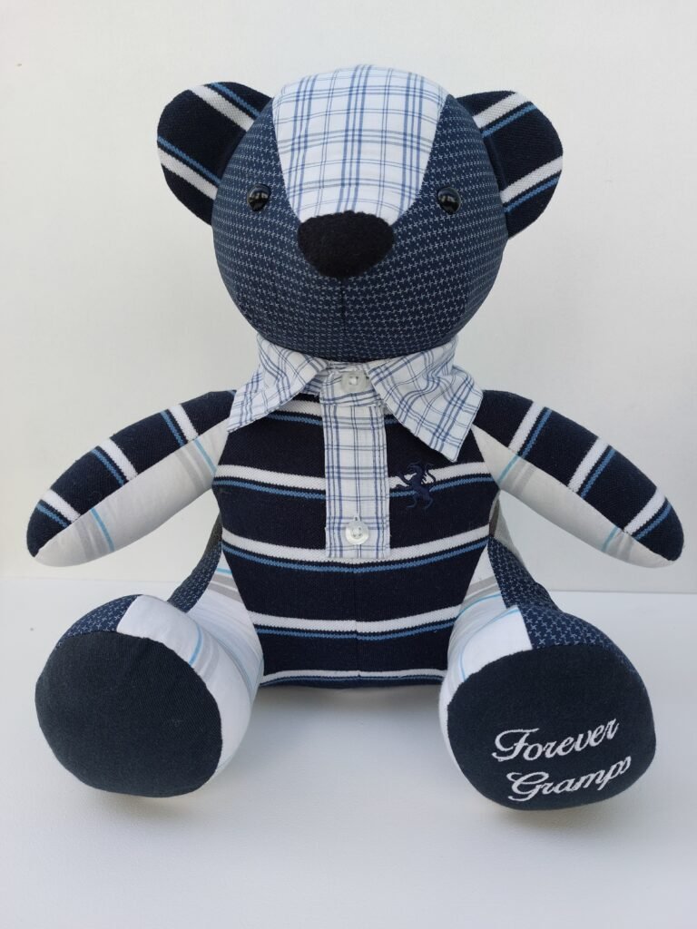 Keepsake bear made from Grandad's collared shirt with personalised embroidery on the feet