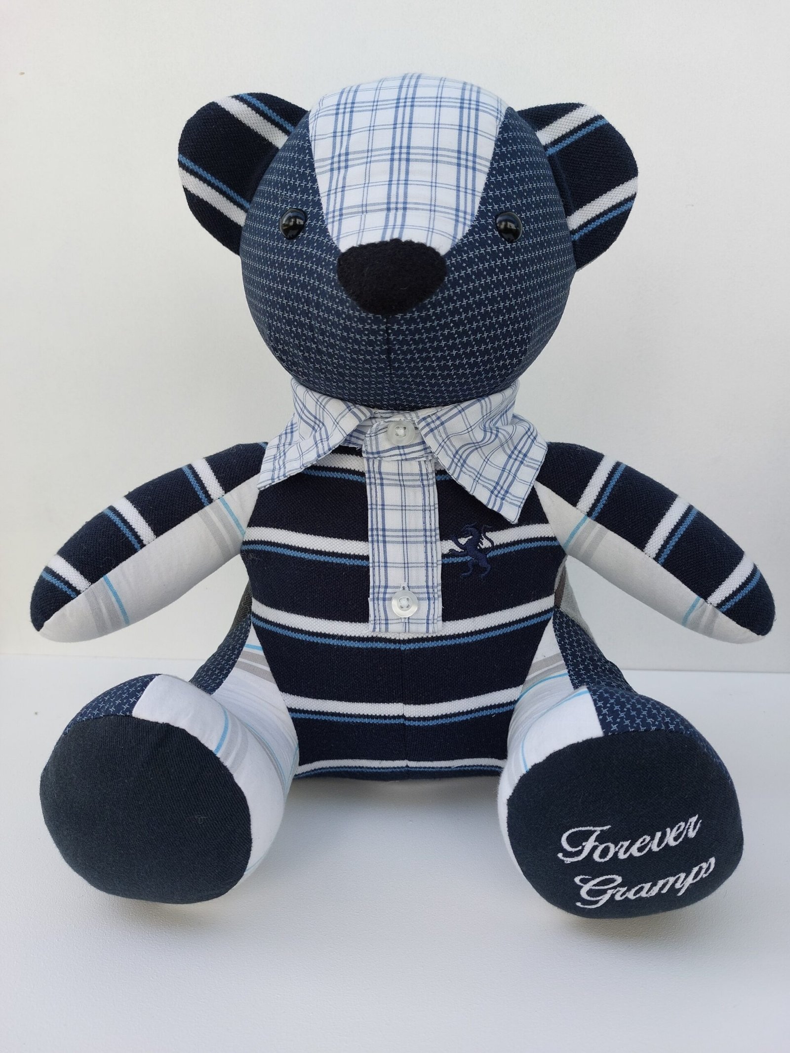 Keepsake bear made from Grandad's collared shirt with personalised embroidery on the feet