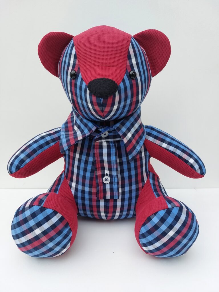 Keepsake bear made from a deceased Husband's checked shirt